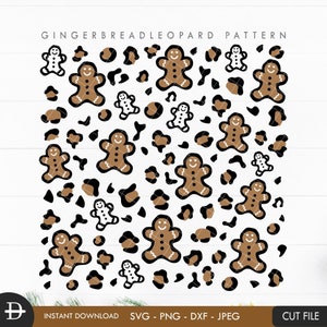 Op de afbeelding: Een naadloos patroon met gingerbread men en luipaardvlekken in bruin, zwart en wit.