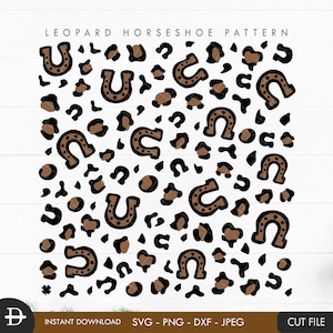 May include: A digital pattern featuring brown horseshoes on a black and brown leopard print background. The pattern is seamless and can be used for various crafting projects.