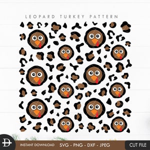 May include: A digital pattern featuring a repeating design of brown turkeys with red wattles and white eyes on a white background with black leopard print spots.