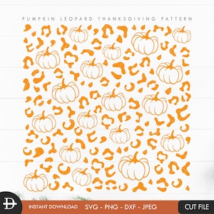 May include: A seamless pattern featuring orange pumpkin silhouettes on a white background with a leopard print pattern. The pumpkins are arranged in a repeating pattern.