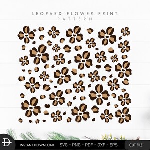 May include: A digital design featuring a repeating pattern of brown and tan leopard print flowers on a white background. The text "LEOPARD FLOWER PRINT PATTERN" is at the top of the design.