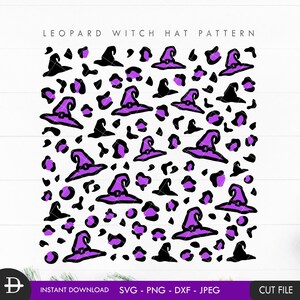 May include: A digital pattern featuring a repeating design of purple witch hats on a black and white leopard print background. The text "LEOPARD WITCH HAT PATTERN" is at the top of the image.