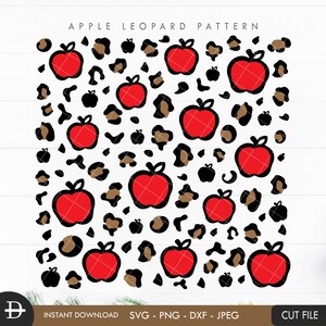 Pode incluir: Um design digital com um padrão repetitivo de maçãs vermelhas e manchas de leopardo pretas e marrons sobre um fundo branco. O design é rotulado como "APPLE LEOPARD PATTERN".