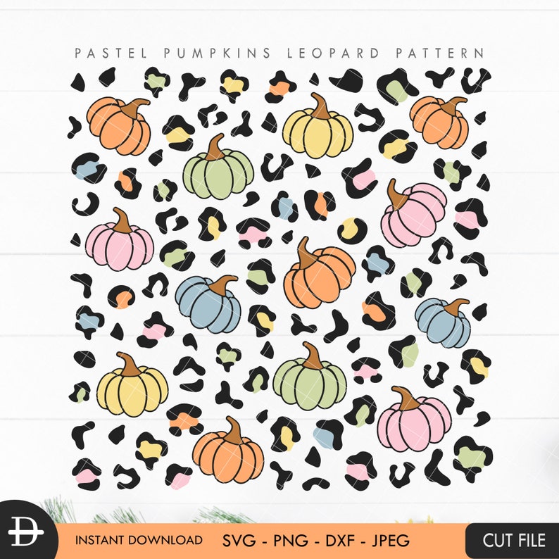 May include: A digital design with a repeating pattern of pastel pumpkins and leopard print spots. The pumpkins are in orange, yellow, pink, green, and blue. The text "PASTEL PUMPKINS LEOPARD PATTERN" is at the top of the image.