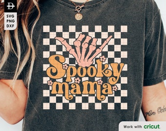 Spooky mama Skeleton hand checkered svg, Boho Halloween spooky season witch mom retro, Halloween mama svg, Digital cut file download