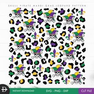 Könnte beinhalten: Ein digitales Design mit einem sich wiederholenden Muster aus Totenkopfpiraten mit Narrenhüten, gekreuzten Knochen und Fleur-de-Lis-Symbolen, vor einem Leopardenmuster-Hintergrund. Das Design verwendet die Farben von Mardi Gras: Lila, Grün und Gold. Der Text "SKULL PIRATE MARDI GRAS LEOPARD PATTERN" steht oben.