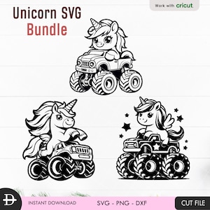 May include: Three black and white SVG cut files featuring a unicorn riding a monster truck. The unicorn is in a sitting position with its legs on the truck. The truck has large wheels and a star on the side. The unicorn has a horn, mane, and tail. The background is white.
