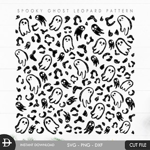 May include: Black and white digital design featuring a repeating pattern of ghosts and leopard spots. "Spooky Ghost Leopard Pattern" is written at the top of the design.