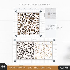 May include: A digital design preview of a pattern featuring brown and tan hibiscus flowers and leopard spots on a white background. The design is 4.009 inches by 4.016 inches and is labeled "Hibiscus Leopard I". The design is available in two layers and is color editable.