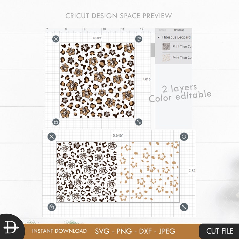 May include: A digital design preview of a pattern featuring brown and tan hibiscus flowers and leopard spots on a white background. The design is 4.009 inches by 4.016 inches and is labeled "Hibiscus Leopard I". The design is available in two layers and is color editable.