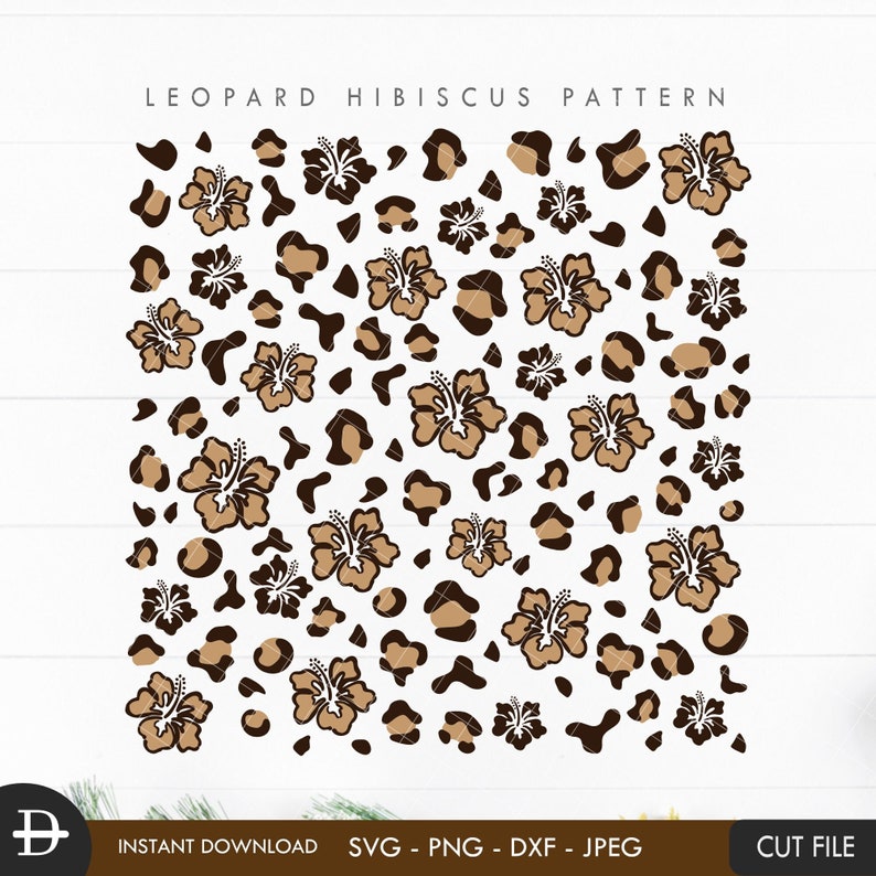 May include: A seamless pattern featuring brown hibiscus flowers on a black leopard print background.