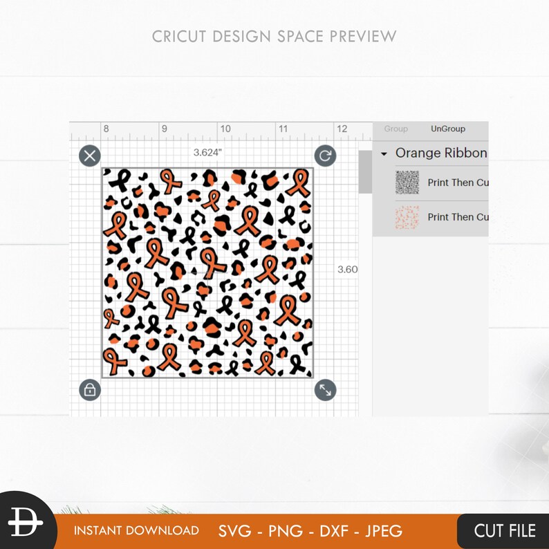 May include: A digital design of a repeating pattern of orange awareness ribbons on a black and white leopard print background. The design is 3.624 inches wide and 3.6 inches tall. The design is labelled "Orange Ribbon" and is ready to be printed and cut.