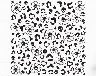 Black Leopard Skull Flowers Pattern, Black Skull Flowers Cheetah pattern, Halloween digital paper, cut file digital download