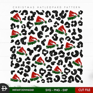 May include: A seamless pattern featuring black leopard spots and red and green Christmas hats. The pattern is on a white background.