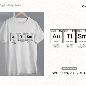 May include: A white t-shirt with a graphic of three chemical elements: gold (Au), titanium (Ti), and samarium (Sm). The graphic includes the atomic number, atomic weight, and element name for each element. The text below each element describes its properties: gold is valuable and rare, titanium is incredibly strong, and samarium is useful and has many talents.