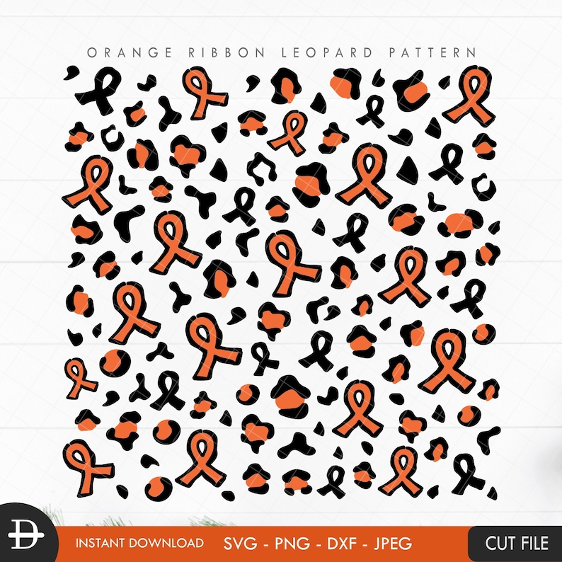 May include: Orange ribbon pattern on a black leopard print background.  "ORANGE RIBBON LEOPARD PATTERN" is written at the top of the image.