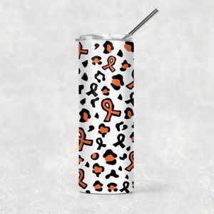 May include: A white stainless steel tumbler with a black and orange leopard print design and orange awareness ribbons.