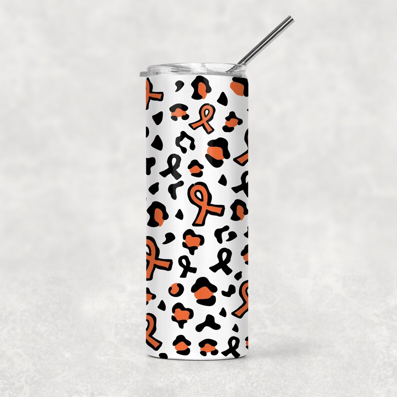 May include: A white stainless steel tumbler with a black and orange leopard print design and orange awareness ribbons.