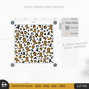 May include: A digital design for a Cricut cutting machine featuring a pattern of yellow awareness ribbons and black leopard print spots. The design is 3.993 inches wide and 3.9 inches tall. The text "Yellow Ribbo" is visible in the image.