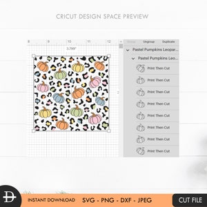 May include: A digital design preview showing a repeating pattern of pastel pumpkins on a leopard print background. The design is 9.65 cm wide and includes the text "CRICUT DESIGN SPACE PREVIEW" and "INSTANT DOWNLOAD SVG - PNG - DXF - JPEG CUT FILE."
