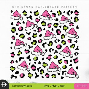 May include: A seamless pattern featuring pink and white Santa hats on a black, green, and pink leopard print background. The text "Christmas Hat Leopard Pattern" is at the top of the image.
