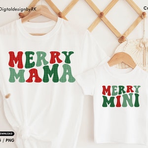 Merry mama, Merry Mini, Matching christmas holiday Family, Mama and minin retro X'mas svg for shirt, Cut file digital download