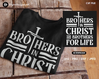 May include: A black t-shirt with a white design that says "Brothers in Christ are brothers for life". The design includes a cross with a sword.