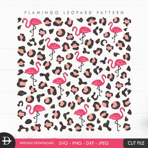 Può includere: Un design digitale con un motivo ripetitivo di fenicotteri rosa e macchie di leopardo marroni su uno sfondo bianco. Il design è perfetto per creare tessuti, carta da parati o altri articoli decorativi.
