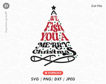 Può includere: Un design di albero di Natale rosso e verde con il testo "We Fish You A Merry Christmas" e due simboli di pesci in basso.