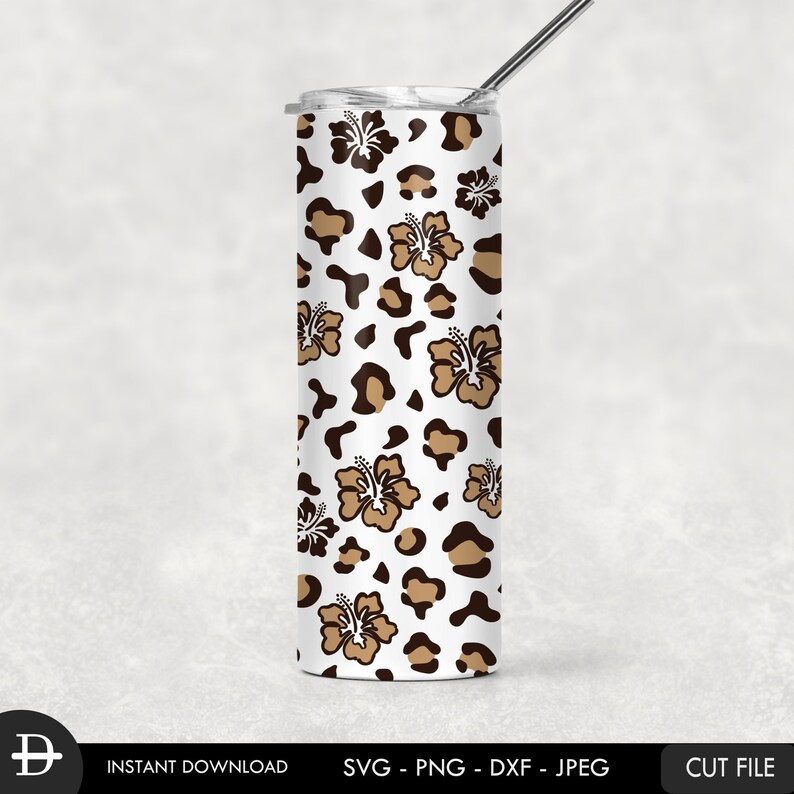 May include: A white tumbler with a brown and tan leopard print and brown hibiscus flowers. The tumbler has a lid and a straw.