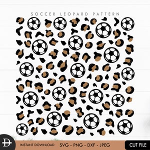 May include: A seamless pattern featuring black soccer balls and brown leopard spots on a white background. The pattern is titled "Soccer Leopard Pattern".