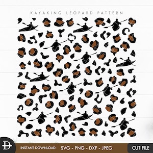 Könnte beinhalten: Ein digitales Design mit einem sich wiederholenden Muster aus schwarzen Leopardenflecken mit braunen Akzenten und Silhouetten von Menschen im Kajak. Der Text "KAYAKING LEOPARD PATTERN" befindet sich oben im Design.