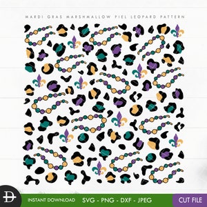 May include: A digital design featuring a repeating pattern of Mardi Gras beads, fleur-de-lis, and leopard print. The design is in shades of purple, green, gold, and black.