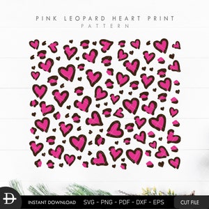 May include: Pink and brown leopard print heart pattern. The hearts are outlined in brown and filled with pink.