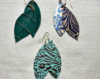 Boho Chic, Textured Leather, Leaf Earrings
