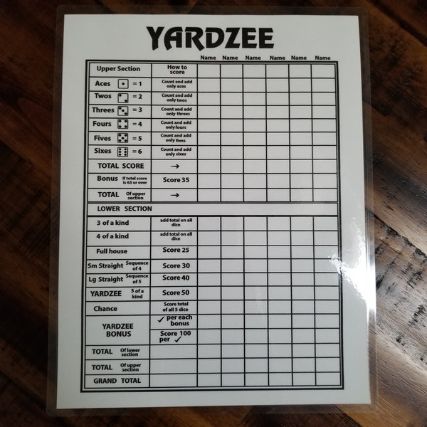 Yardzee Score Sheet Reusable Score Card Back Yard Yahtzee Dice Game