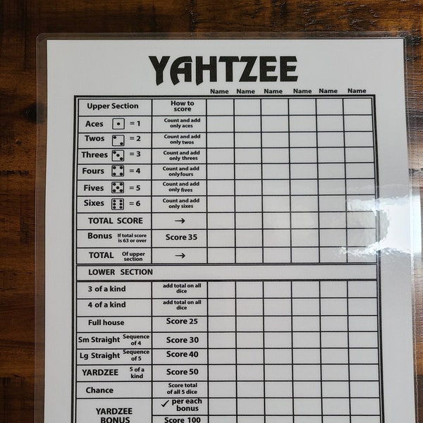 Yahtzee Score Sheet Reusable Score Card Dice Game