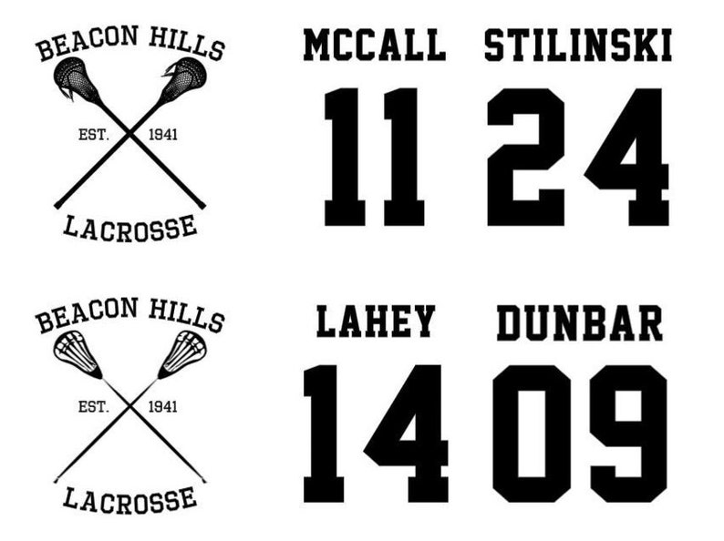 May include: Black and white graphic of two lacrosse sticks crossed with the text "Beacon Hills Lacrosse" and "Est. 1941". Below are four black and white jersey numbers: 11, 24, 14, and 09. The names McCall, Stilinski, Lahey, and Dunbar are above the numbers.