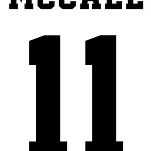 May include: Black and white image of the name "MCCALL" in a bold, blocky font above the number "11" in the same font style.