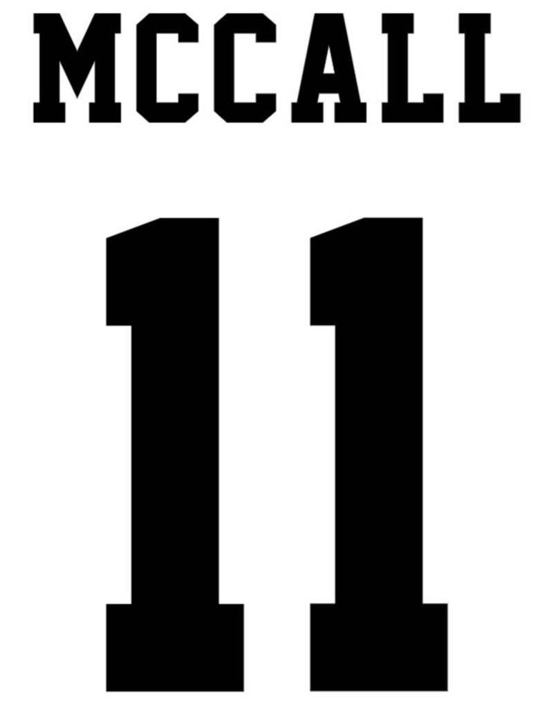 May include: Black and white image of the name "MCCALL" in a bold, blocky font above the number "11" in the same font style.