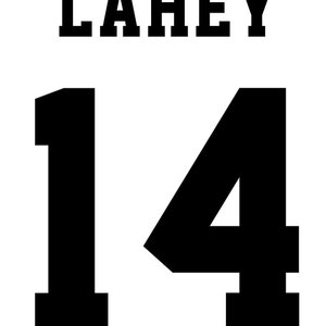 May include: Black and white image of the name "LAHEY" in bold, block letters above the number "14" in large, bold, block font.
