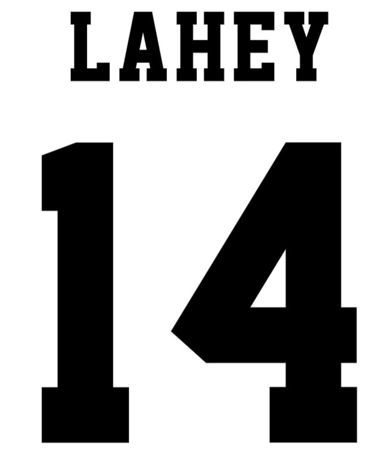 May include: Black and white image of the name "LAHEY" in bold, block letters above the number "14" in large, bold, block font.
