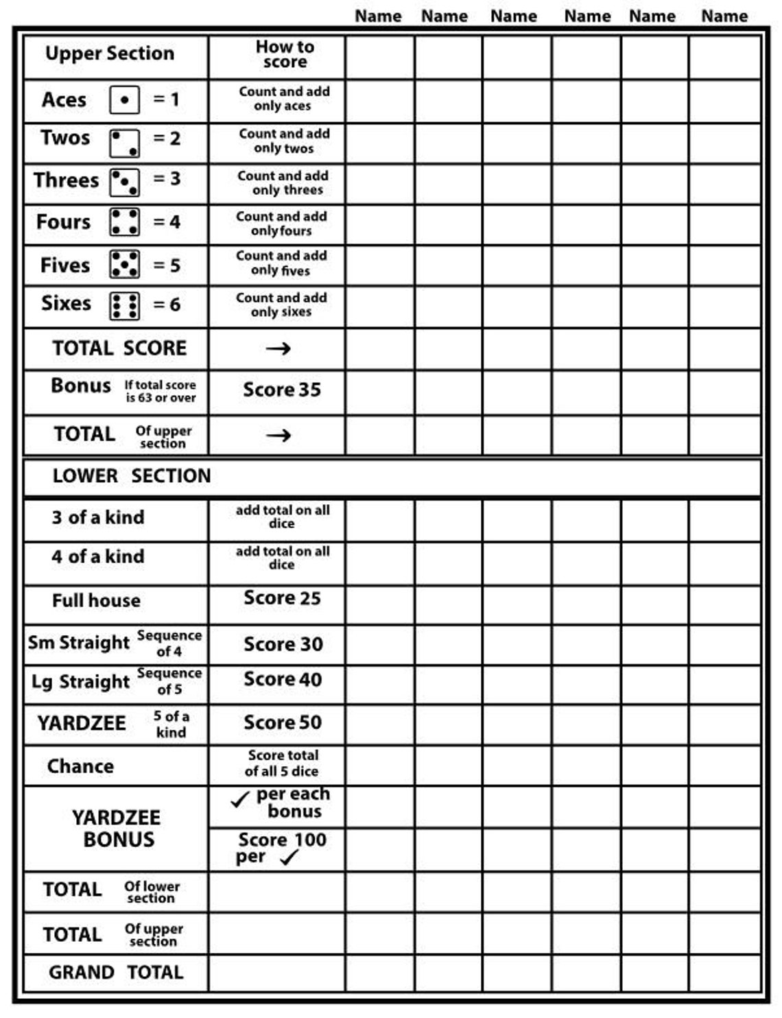 Yahtzee Score Sheet Reusable Score Card Dice Game Etsy