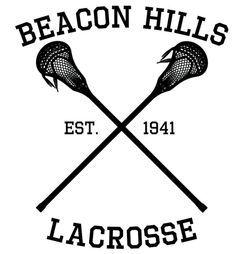 May include: Black and white illustration of two lacrosse sticks crossed over each other. The text "BEACON HILLS LACROSSE" is above the sticks and "EST. 1941" is below the sticks.