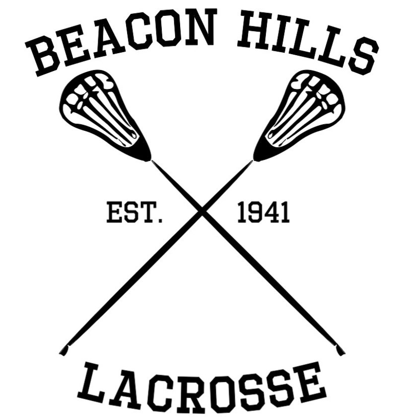 May include: Black and white illustration of two lacrosse sticks crossed over each other. The text "BEACON HILLS" is at the top of the image, and the text "EST. 1941" is below the sticks. The text "LACROSSE" is at the bottom of the image.