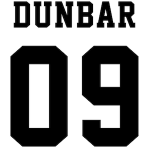 May include: Black and white image of a sports jersey with the name "DUNBAR" and the number "09" in large, bold font.