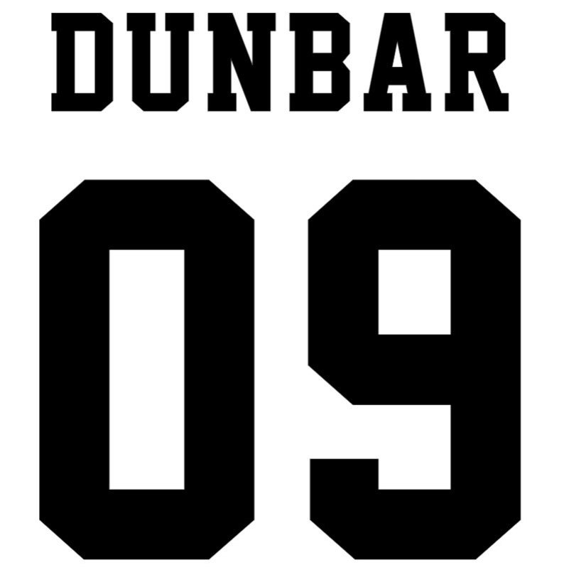 May include: Black and white image of a sports jersey with the name "DUNBAR" and the number "09" in large, bold font.