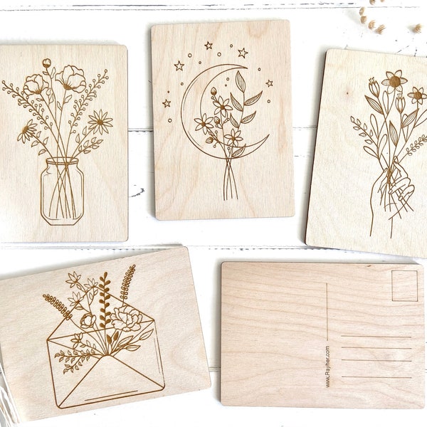 5 wooden postcards with wildflower motif, wooden postcard, engraved, set, boho, natural greetings, natural colors, to paint, describe