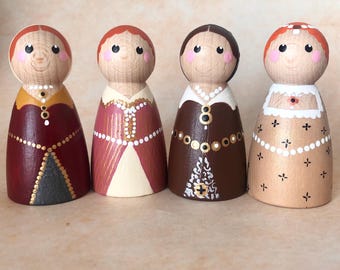 Tudor Queens - Lady Jane Grey, Mary Queen of Scots, Mary I, Elizabeth I - Wooden Peg Dolls, Inspirational Women, Tudor Lovers Gift