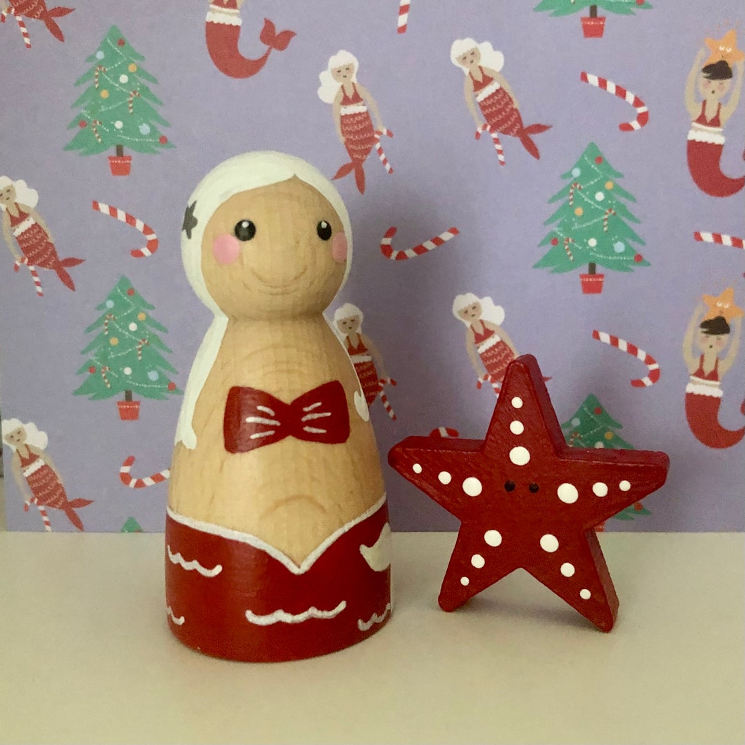 Hand Painted Christmas Mermaid Peg Doll & Starfish Set – Wooden Holiday ...